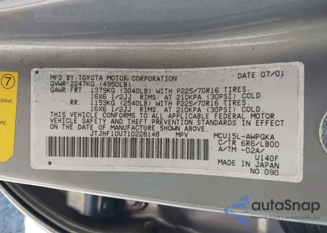 2001 Lexus Rx 300 из США, поврежденный, VIN JTJHF10U710228148